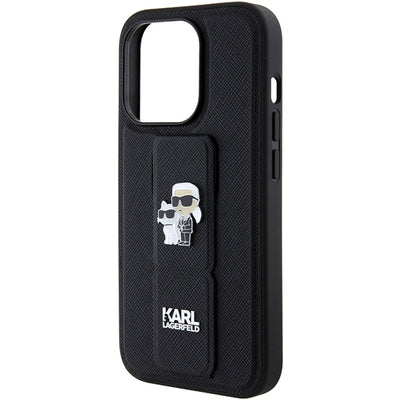 Karl Lagerfeld Gripstand Saffiano Karl&amp;Choupette Pins case for iPhone 15 Pro - black