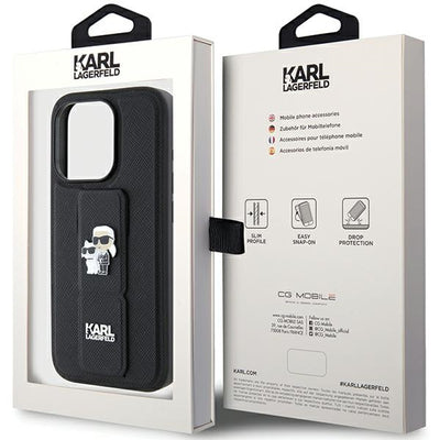 Karl Lagerfeld Gripstand Saffiano Karl&amp;Choupette Pins case for iPhone 15 Pro - black