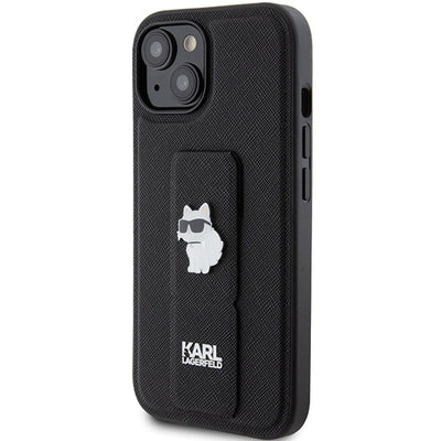 Karl Lagerfeld Gripstand Saffiano Choupette Pins Case for iPhone 15 Plus / 14 Plus - Black