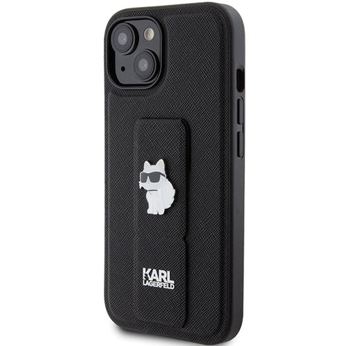 Karl Lagerfeld Gripstand Saffiano Choupette Pins Case for iPhone 15 Plus / 14 Plus - Black