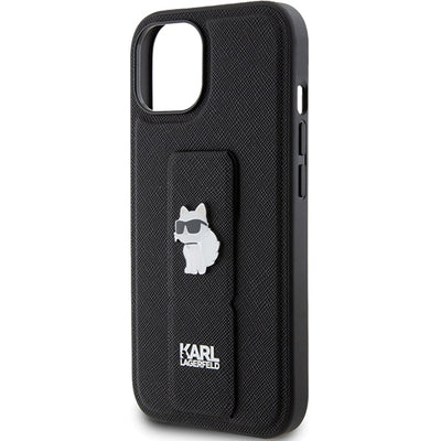 Karl Lagerfeld Gripstand Saffiano Choupette Pins case for iPhone 15 - black