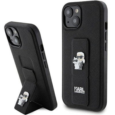 Karl Lagerfeld Gripstand Saffiano Karl&amp;Choupette Pins case for iPhone 15 - black