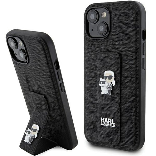 Karl Lagerfeld Gripstand Saffiano Karl&amp;Choupette Pins case for iPhone 15 - black
