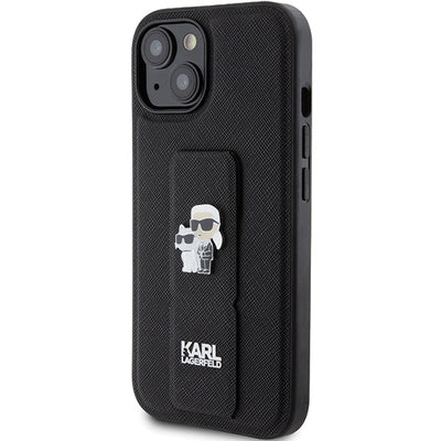 Karl Lagerfeld Gripstand Saffiano Karl&amp;Choupette Pins case for iPhone 15 - black