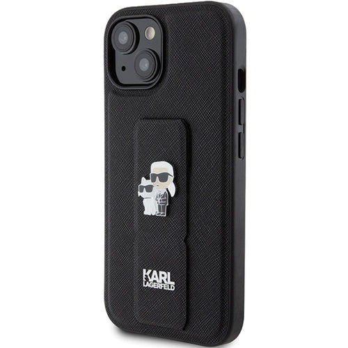Karl Lagerfeld Gripstand Saffiano Karl&amp;Choupette Pins case for iPhone 15 - black
