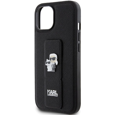 Karl Lagerfeld Gripstand Saffiano Karl&amp;Choupette Pins case for iPhone 15 - black