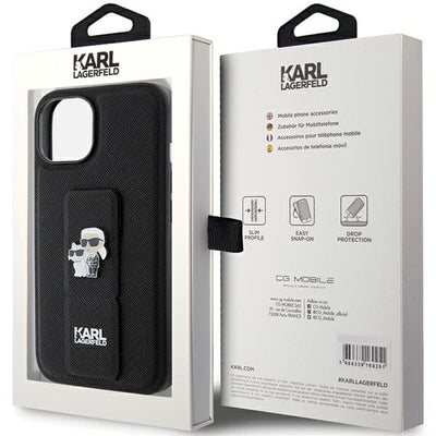 Karl Lagerfeld Gripstand Saffiano Karl&amp;Choupette Pins case for iPhone 15 - black