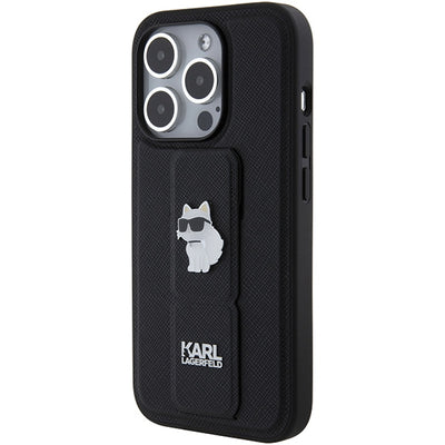 Karl Lagerfeld Gripstand Saffiano Choupette Pins case for iPhone 15 Pro Max - black