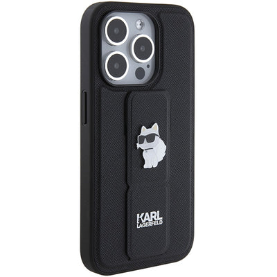 Karl Lagerfeld Gripstand Saffiano Choupette Pins case for iPhone 15 Pro Max - black