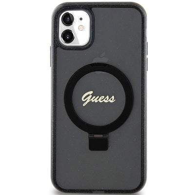 Guess Ring Stand Script Glitter MagSafe case for iPhone 11 / Xr - black