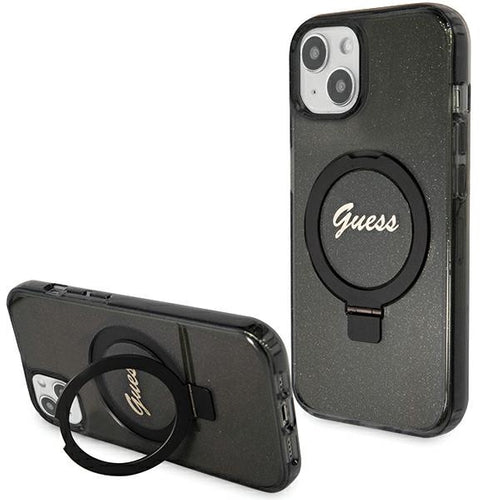 Guess Ring Stand Script Glitter MagSafe case for iPhone 13 / 14 / 15 - black