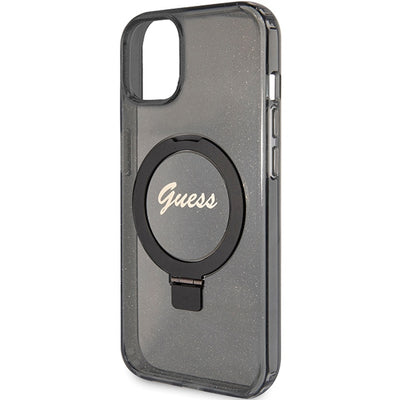 Guess Ring Stand Script Glitter MagSafe case for iPhone 13 / 14 / 15 - black