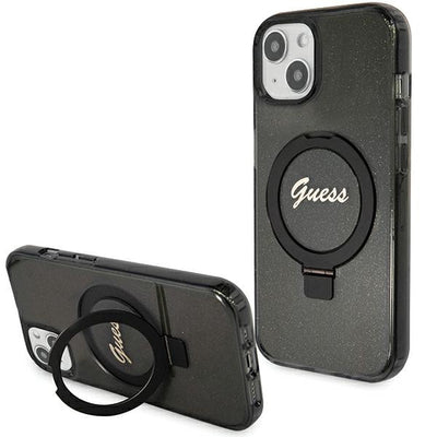 Guess Ring Stand Script Glitter MagSafe case for iPhone 14 / 15 / 13 - black