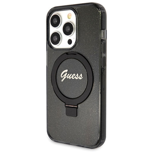 Guess Ring Stand Script Glitter MagSafe case for iPhone 14 Pro Max - black