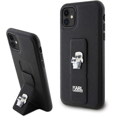 Karl Lagerfeld Gripstand Saffiano Karl&amp;Choupette Pins case for iPhone 11 / Xr - black