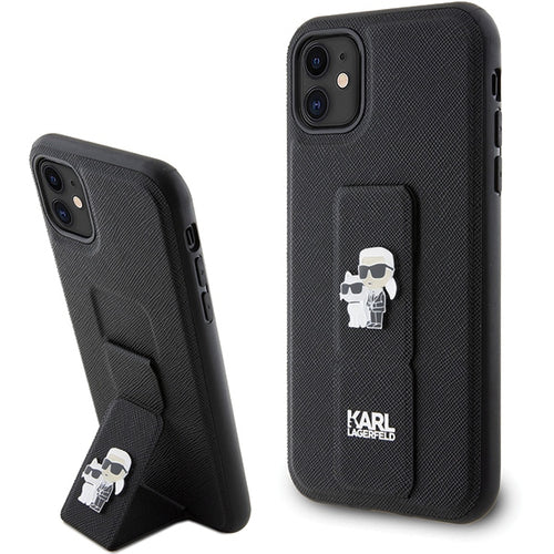 Karl Lagerfeld Gripstand Saffiano Karl&amp;Choupette Pins case for iPhone 11 / Xr - black