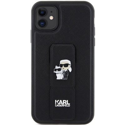 Karl Lagerfeld Gripstand Saffiano Karl&amp;Choupette Pins case for iPhone 11 / Xr - black