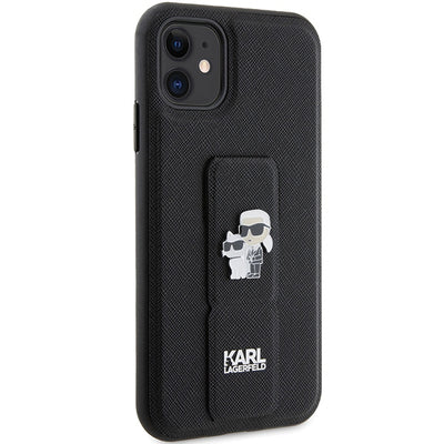 Karl Lagerfeld Gripstand Saffiano Karl&amp;Choupette Pins case for iPhone 11 / Xr - black