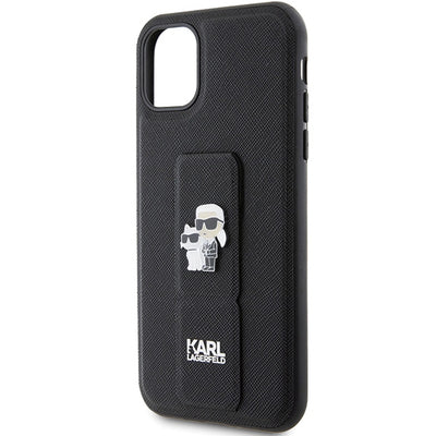 Karl Lagerfeld Gripstand Saffiano Karl&amp;Choupette Pins case for iPhone 11 / Xr - black