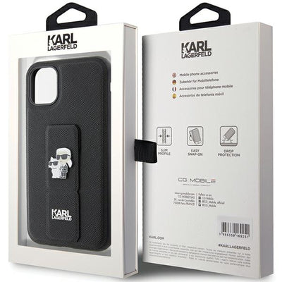 Karl Lagerfeld Gripstand Saffiano Karl&amp;Choupette Pins case for iPhone 11 / Xr - black
