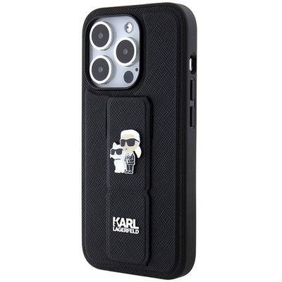 Karl Lagerfeld Gripstand Saffiano Karl&amp;Choupette Pins case for iPhone 13 Pro / 13 - black