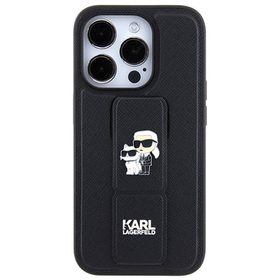 Karl Lagerfeld Gripstand Saffiano Karl&amp;Choupette Pins case for iPhone 13 Pro / 13 - black