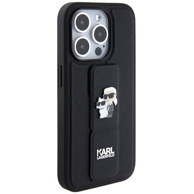 Karl Lagerfeld Gripstand Saffiano Karl&amp;Choupette Pins case for iPhone 13 Pro / 13 - black