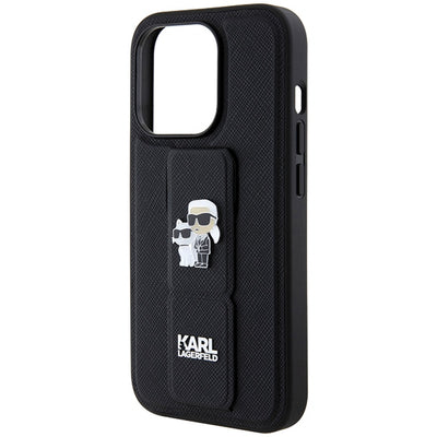 Karl Lagerfeld Gripstand Saffiano Karl&amp;Choupette Pins case for iPhone 13 Pro / 13 - black