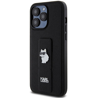 Karl Lagerfeld Gripstand Saffiano Choupette Pins case for iPhone 13 Pro Max - black