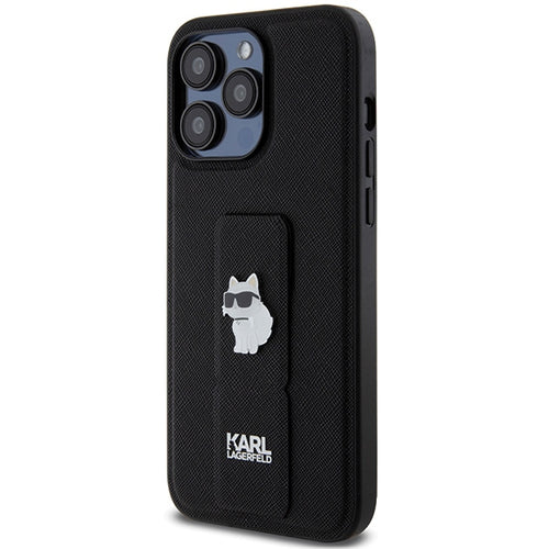 Karl Lagerfeld Gripstand Saffiano Choupette Pins case for iPhone 13 Pro Max - black