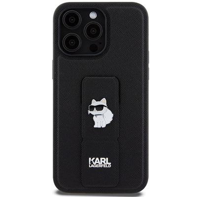 Karl Lagerfeld Gripstand Saffiano Choupette Pins case for iPhone 13 Pro Max - black