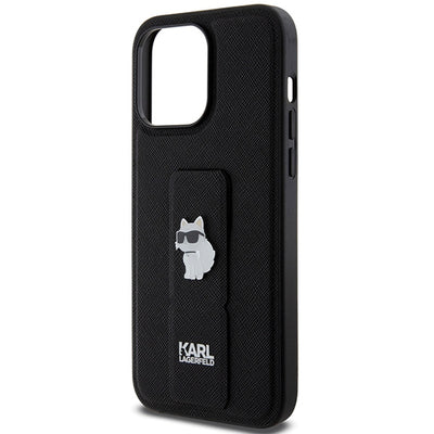 Karl Lagerfeld Gripstand Saffiano Choupette Pins case for iPhone 13 Pro Max - black