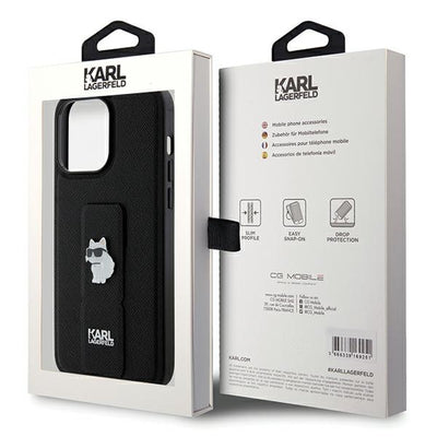 Karl Lagerfeld Gripstand Saffiano Choupette Pins case for iPhone 13 Pro Max - black