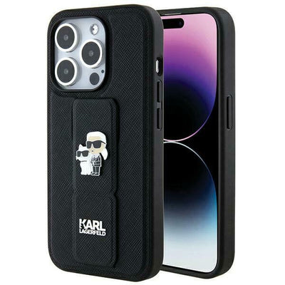 Karl Lagerfeld Gripstand Saffiano Karl&amp;Choupette Pins case for iPhone 14 Pro - black