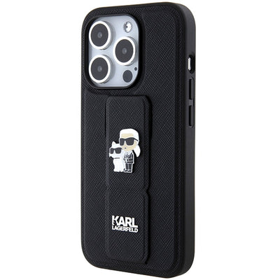 Karl Lagerfeld Gripstand Saffiano Karl&amp;Choupette Pins case for iPhone 14 Pro - black