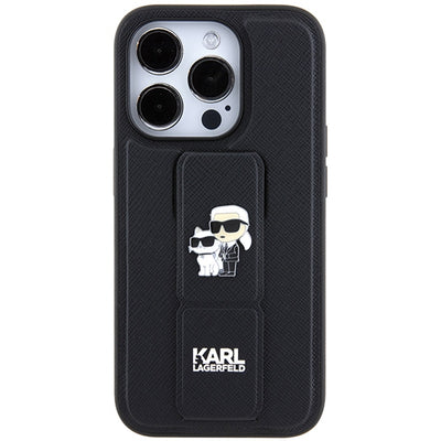 Karl Lagerfeld Gripstand Saffiano Karl&amp;Choupette Pins case for iPhone 14 Pro - black