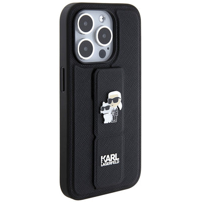 Karl Lagerfeld Gripstand Saffiano Karl&amp;Choupette Pins case for iPhone 14 Pro - black