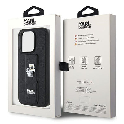 Karl Lagerfeld Gripstand Saffiano Karl&amp;Choupette Pins case for iPhone 14 Pro - black