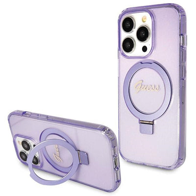 Guess Ring Stand Script Glitter MagSafe case for iPhone 13 Pro Max - purple