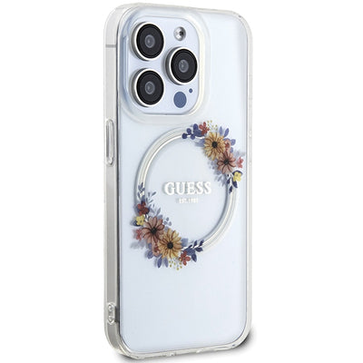 Guess IML Flowers Wreatch MagSafe case for iPhone 15 Pro - transparent