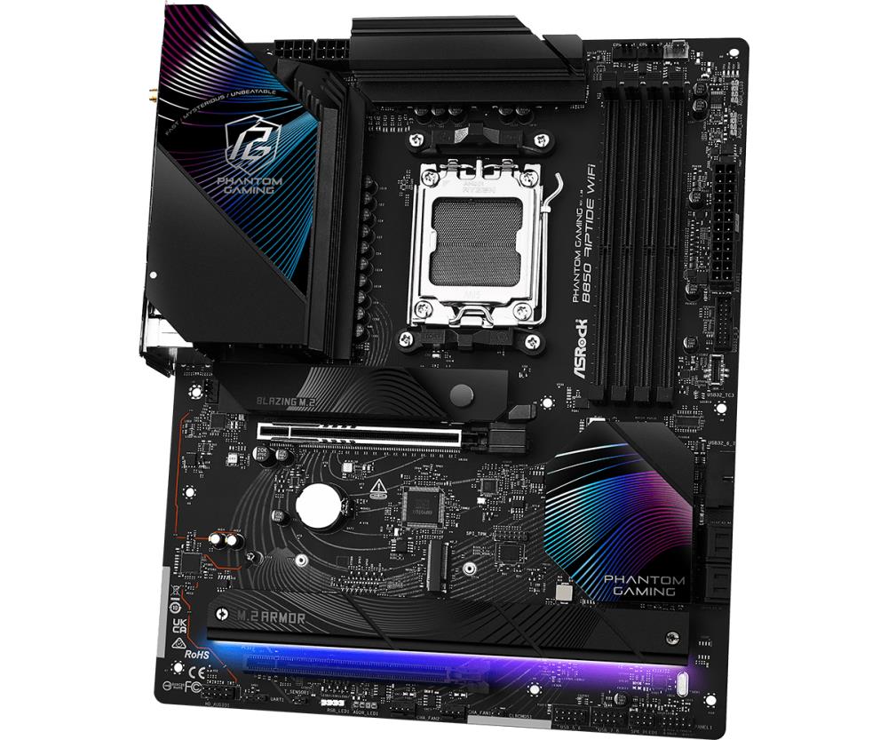 Mainboard ASROCK AMD B850 SAM5 ATX Memory DDR5 Memory slots 4 1xPCI-Express 4.0 16x 1xPCI-Express 5.0 16x 1xM.2 1xHDMI 1xAudio-In 1xAudio-Out 8xUSB 2.0 9xUSB 3.2 3xUSB-C 1xOptical S/PDIF 1xRJ45 B850RIPTIDEWIFI