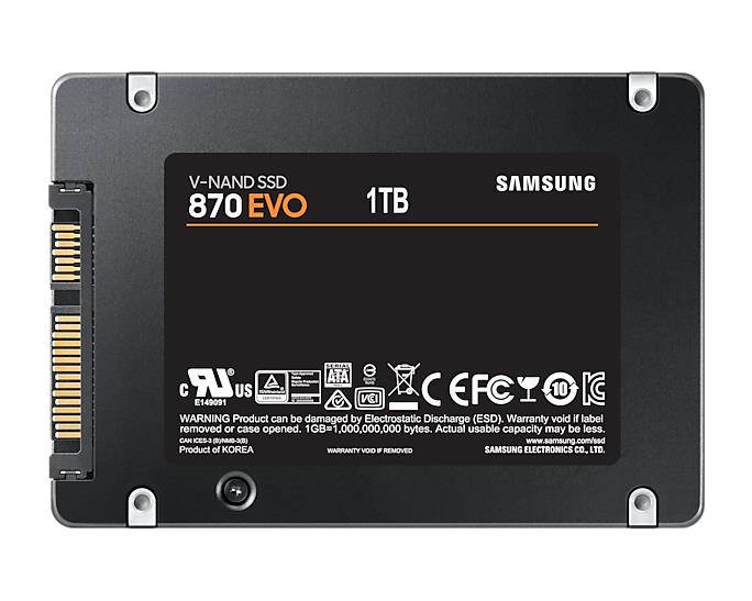 SSD SAMSUNG 870 EVO 1TB SATA SATA 3.0 MLC Write speed 530 MBytes/sec Read speed 560 MBytes/sec 2,5" TBW 600 TB MTBF 1500000 hours MZ-77E1T0B/EU