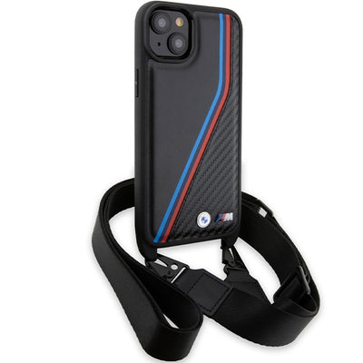 BMW M Edition Carbon Tricolor Lines &amp; Strap case for iPhone 15 Plus / 14 Plus - black