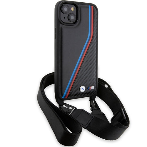 BMW M Edition Carbon Tricolor Lines &amp; Strap case for iPhone 15 Plus / 14 Plus - black