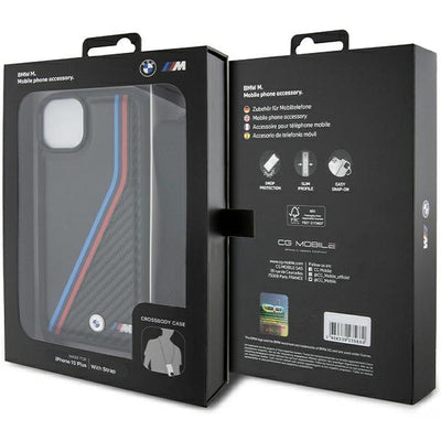 BMW M Edition Carbon Tricolor Lines &amp; Strap case for iPhone 15 Plus / 14 Plus - black
