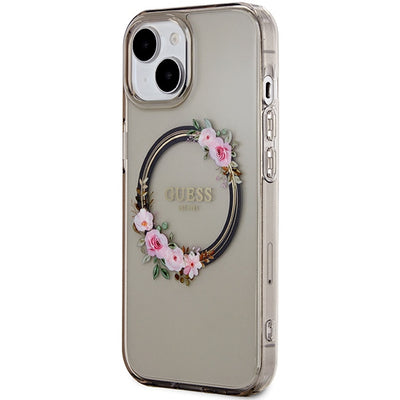 Guess IML Flowers Wreath MagSafe case for iPhone 15 / 14 / 13 - black