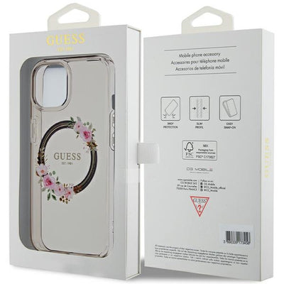 Guess IML Flowers Wreath MagSafe case for iPhone 15 / 14 / 13 - black