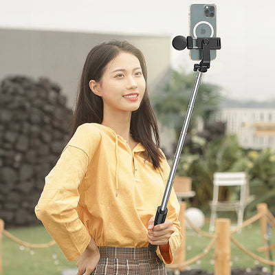 Selfie stick WH1YXS telescopic tripod 1m with round lamp and phone holder - black — Hurtel