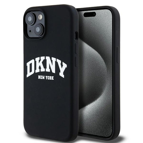 DKNY Liquid Silicone White Printed Logo MagSafe Case for iPhone 14 / 15 / 13 - Black