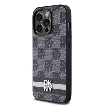 DKNY Leather Checkered Mono Pattern &amp; Printed Stripes iPhone 14 Pro Case - Black
